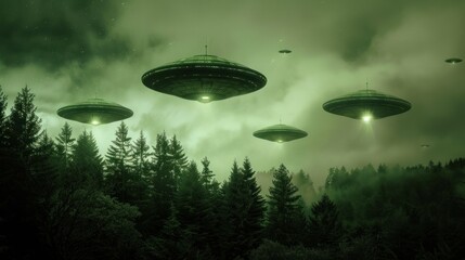 Several flying saucers hover over a misty forest of evergreen trees. The sky is a mix of green and grey.