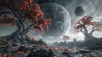 Barren landscape with trees on a rocky planet. The sky is filled with stars and two large planets can be seen in the background.