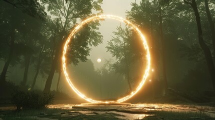 A glowing, ethereal circle stands in the center of a forest clearing, surrounded by trees and illuminated by a bright light.