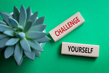 Challenge yourself symbol. Wooden blocks with words Challenge yourself. Beautiful green background with succulent plant. Business and Challenge yourself concept. Copy space. - obrazy, fototapety, plakaty