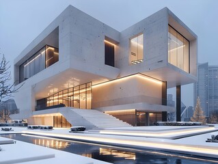 Modern single-family house of geometric shapes with white colors and glass finishes at sunset - obrazy, fototapety, plakaty
