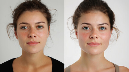 Woman, portrait and makeup with skincare for aging or natural beauty of before and after. Face of female person with cosmetics in compare, versus or satisfaction for facial treatment or grooming