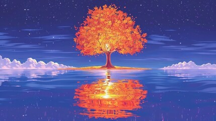 Captivating scene of a solitary autumn tree mirrored in the serene water, evoking a sense of fantasy and tranquility. - obrazy, fototapety, plakaty