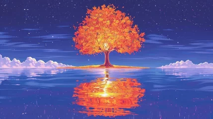 Foto op Plexiglas Captivating scene of a solitary autumn tree mirrored in the serene water, evoking a sense of fantasy and tranquility. © ProPhotos