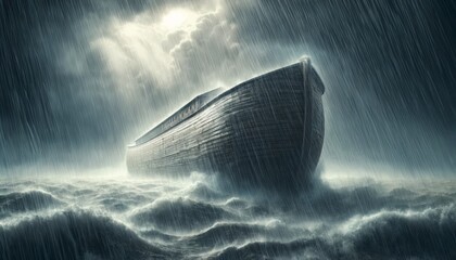 Noah's Ark amidst the pouring rain during the flood