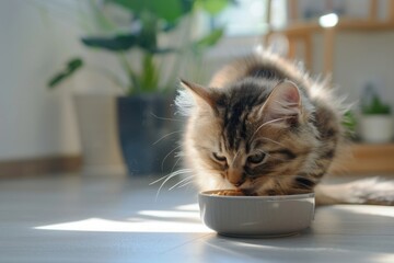 Cute cat eating out of bowl on floor against background. Domestic animals. Close up.