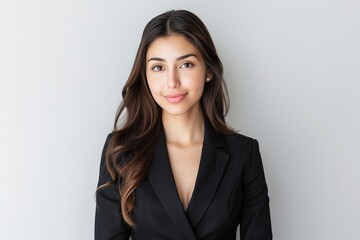 Professional Latina woman in black business suit. Studio portrait with neutral background. Corporate business and diverse workforce concept. High-resolution photography