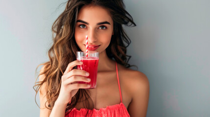 The woman, wearing a pink top, has long brown hair and smooth skin. She is sipping red juice through a straw, holding the drinkware with her hand