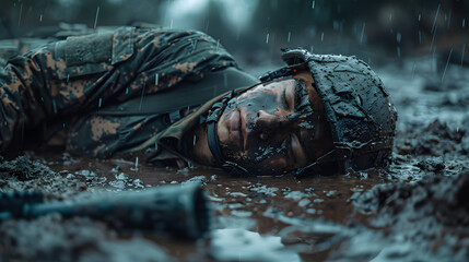 Portrait of Soldier body lies in the mud , dramatic scene ,  Concept of war, army, weapon