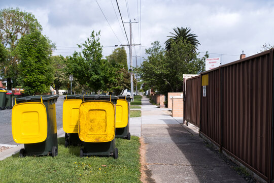 Suburban street with recycle bins