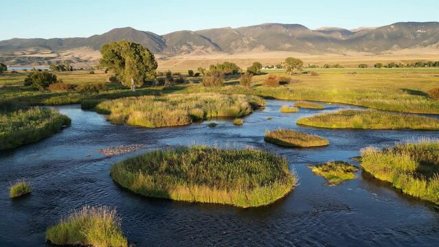 Drone flyover of the Madison River channel in Montana 