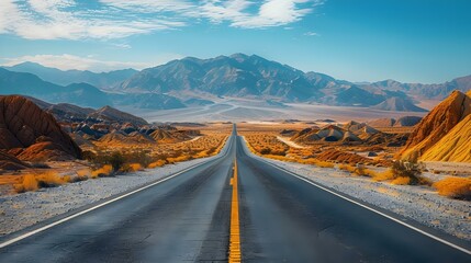 Desert Highway Odyssey: A Journey Through Stark Landscapes. Concept Desert Exploration, Road Trip Adventure, Vast Landscapes, Scenic Views, Solitude