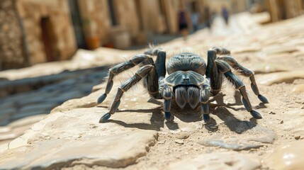 Arachnid arthropod, the tarantula perches on a stone wall in the landscape