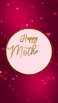 vertical happy mother's day golden text 4k motion background, handwritten calligraphy and flying hearts on red background social media design element
