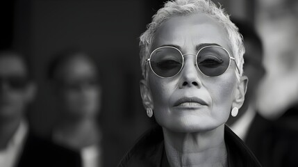 Portrait of elegant older woman with short hair, in rebellious and defiant attitude