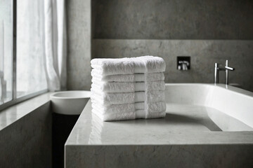 A stack of white towels on the bathroom table.Bathroom design.