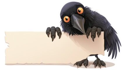 Fototapeta premium Adorable cartoon crow holding a blank sign