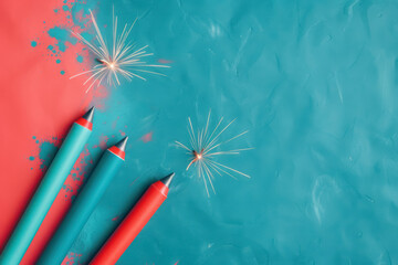 fourth of july celebration concept with red and blue fireworks rockets on teal background, copy space