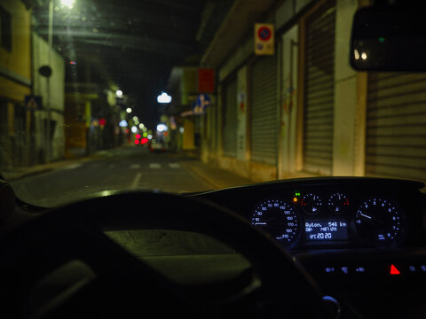 Road at night , view  from car interior. Dashboard