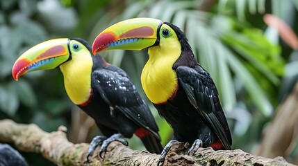 A Trio of Colorful Toucans Perched on a Branch, Their Bright Bills Adding a Splash of Color to the Lush Rainforest Canopy