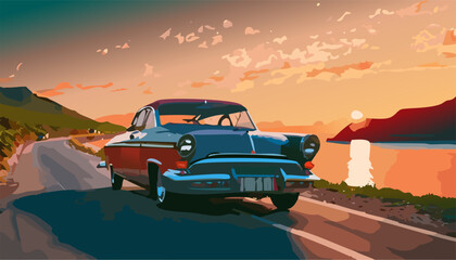 Fototapeta premium Vintage car on the road in the desert at sunset