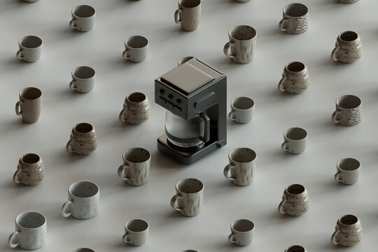 Array of Ceramic Mugs with Espresso Maker
