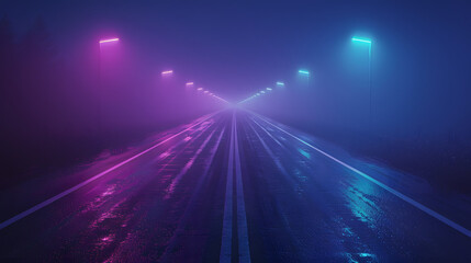 A long road at night with neon lights on the sides. minimalistic