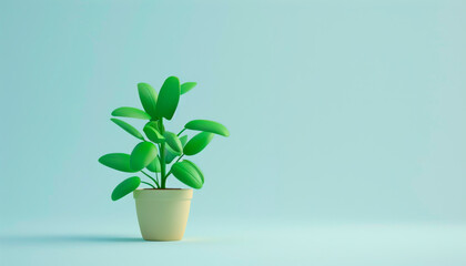 3D cartoon, cute green potted plant, simple white background, pastel light color palette, isometric view.