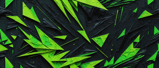 Neon green abstract paint triangle geometry on a black paint base, wallpaper