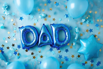 blue foil balloons spelling  dad  for father's day celebration with festive decorations on pastel blue background