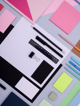 Color block stationery and design identity mockup