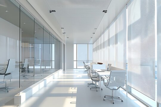 Sleek office space: Minimalistic view, light shades. Sleek office space: white minimalistic view, light shades AI generated .