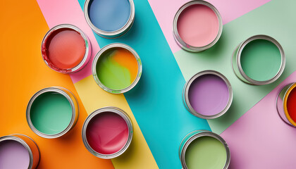 paint cans with bright colors mixing on pastel striped background for artistic design, top view  - obrazy, fototapety, plakaty