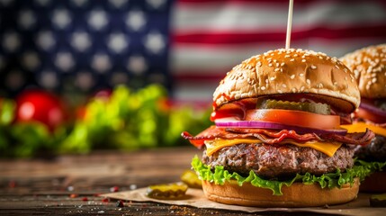 Classic American bacon cheeseburger with lettuce and tomato. Patriotic theme with American flag background. - obrazy, fototapety, plakaty