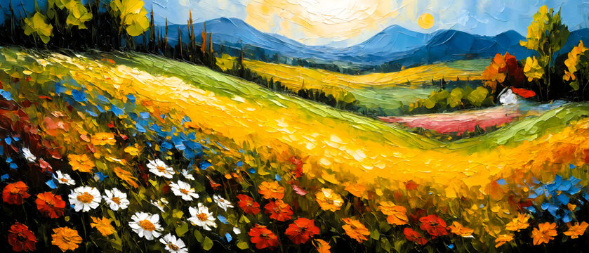 Landscape painting of a hilly field full of flowers, trees, sunrise, sunset