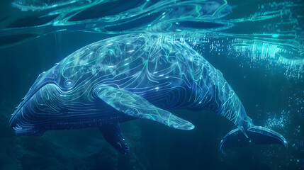 A massive whale swimming in the ocean. with most of its body submerged under water and only the dorsal fin visible. The underwater part is depicted as smooth skin