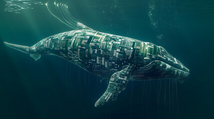 A massive whale swimming in the ocean. with most of its body submerged under water and only the dorsal fin visible. The underwater part is depicted as smooth skin