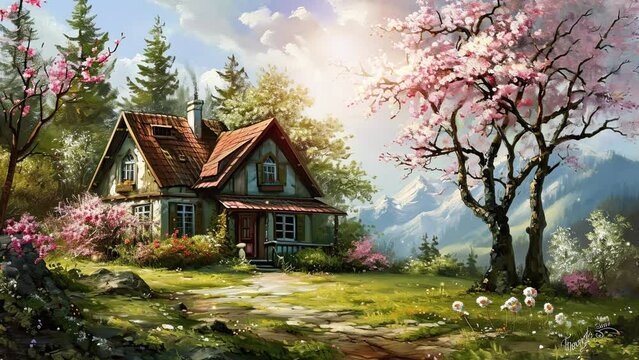 spring landscape with cottage and blooming tree.