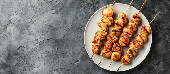 Chicken kebab skewers arranged on a dish with a light grey slate, stone, or concrete backdrop,...