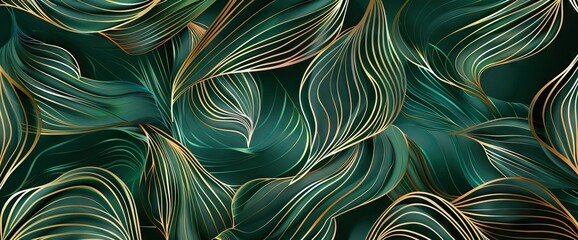 Luxury golden art deco wallpaper. Nature background. Floral pattern with golden split-leaf Philodendron plant with monstera plant line art. AI generated illustration