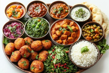 Set of Indian foods, top view, on white background. momos, butter chicken curry and rice. samosas, pani puri on plate. Asian food set collection top view. Indian and Pakistani food collection - obrazy, fototapety, plakaty