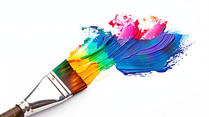 A paintbrush dripping with a rainbow of colors. symbolizing artistry and imagination. The stark white background amplifies the rich colors of its drip. Contrast is made by the clear space around it. 