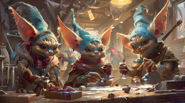 A pack of kobolds at their worktable in the kobold kiln. each making different talismans for the Christmas merriment. They have teal sharp beanies on their heads
