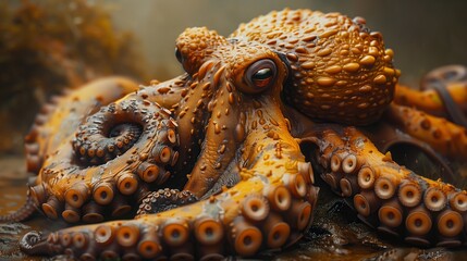 Closeup of a giant Pacific octopus on the ocean floor