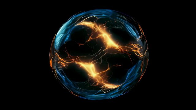 Animation of a sphere with striking lightning and on a black background. The movement of an electric charge inside a transparent sphere.