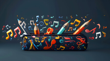 A pencil case with various musical notes floating around it. symbolizing music education. A creative concept for music learning