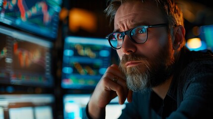 Bearded man trader wearing eyeglasses sitting at desk at office monitoring stock market looking at monitors analyzing candle bar price flow touching chin concerned trading concept close-up - obrazy, fototapety, plakaty