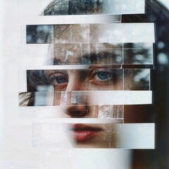 Double exposure of young woman and reflection of forest