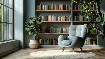 Serene Reading Nook with Scandinavian Chair & Bookshelves. Concept Scandinavian Design, Cozy Reading Corner, Serene Home Decor, Bookshelf Styling, Hygge Living