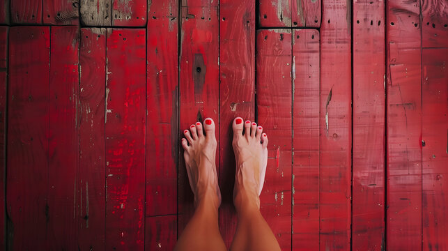 A photo of beautiful female feet with great toes standing on an old red wooden floor